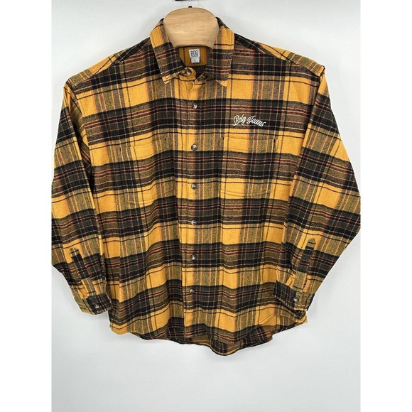 New BDG Jeans Urban Outfitters Yellow Plaid Map‎ Embroidered Heavy Flannel LGE - Picture 1 of 12